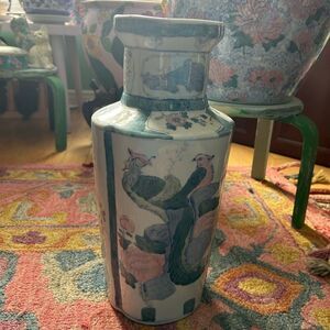 Vintage Asian Vase Decorative Ceramic Oriental Pot Peacock and Poppy Pattern 14"